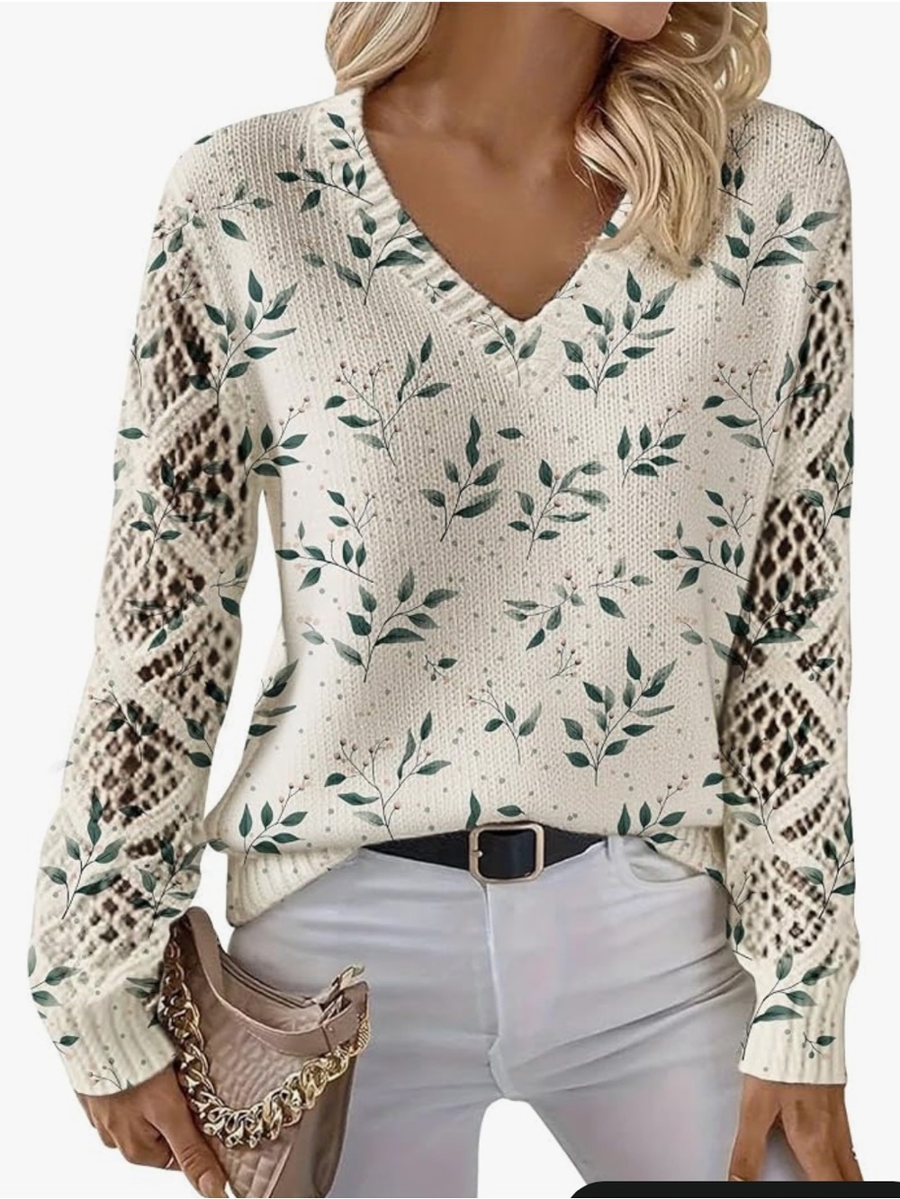 Women’s Boho Floral V-Neck Sweater with Green Leaf Print #99